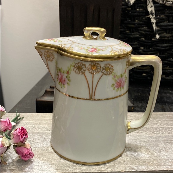 Nippon Other - Antique Hand Painted Nippon Covered Floral Porcelain Pitcher Pot!
